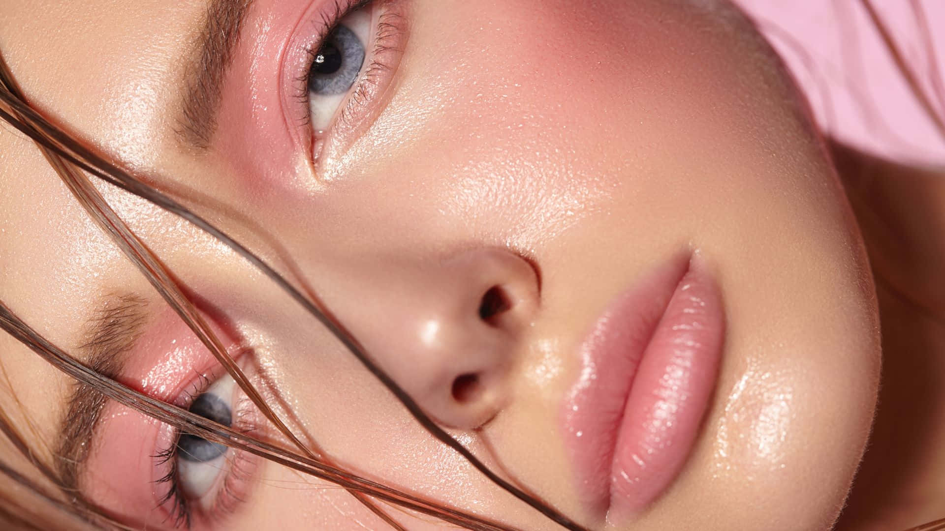 Pink Makeup, glossy pink lips, blue eyes, Full HD Desktop Wallpaper