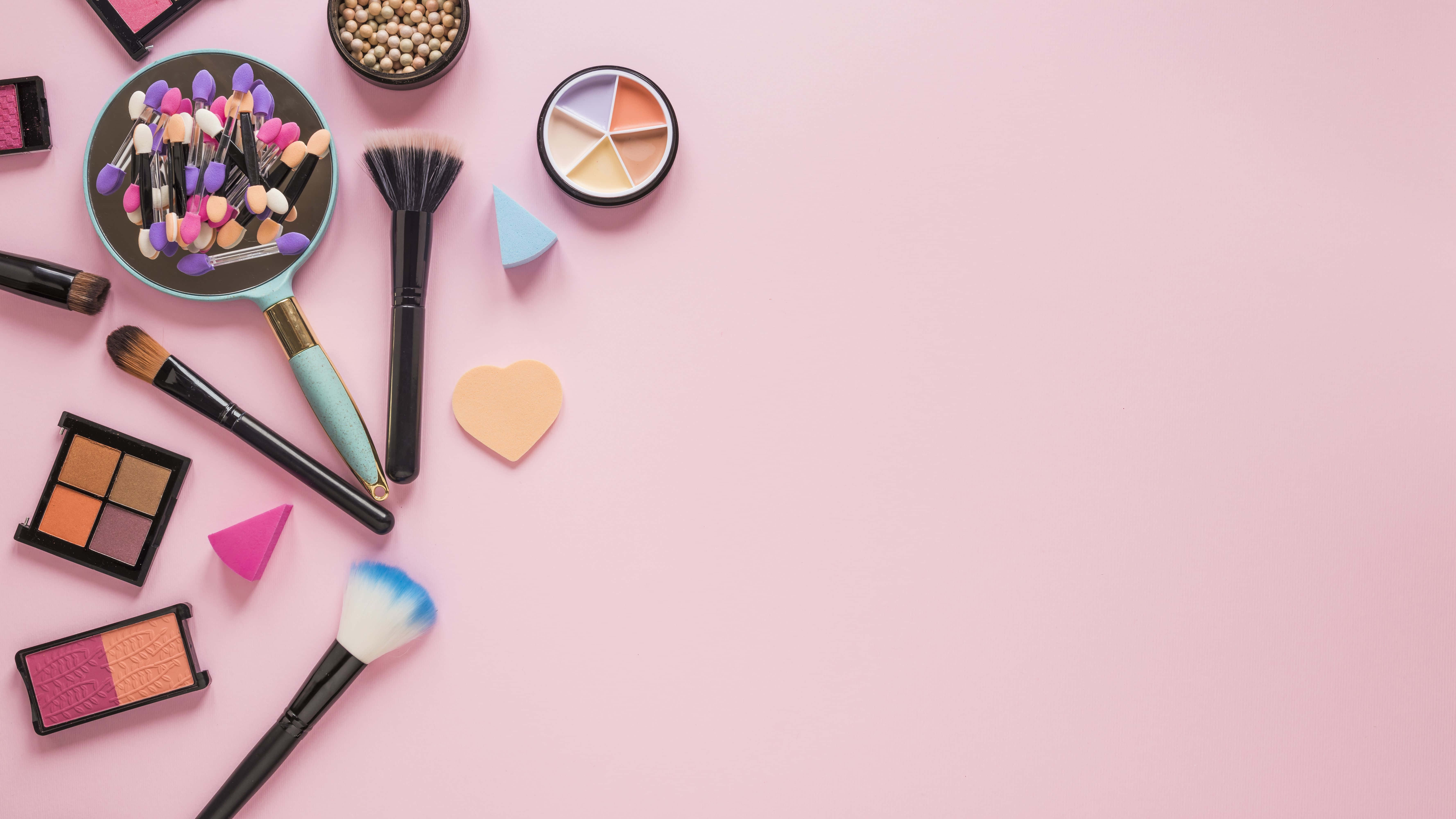 pink makeup, flat lay, colorful makeup brushes, 5K Desktop Wallpaper