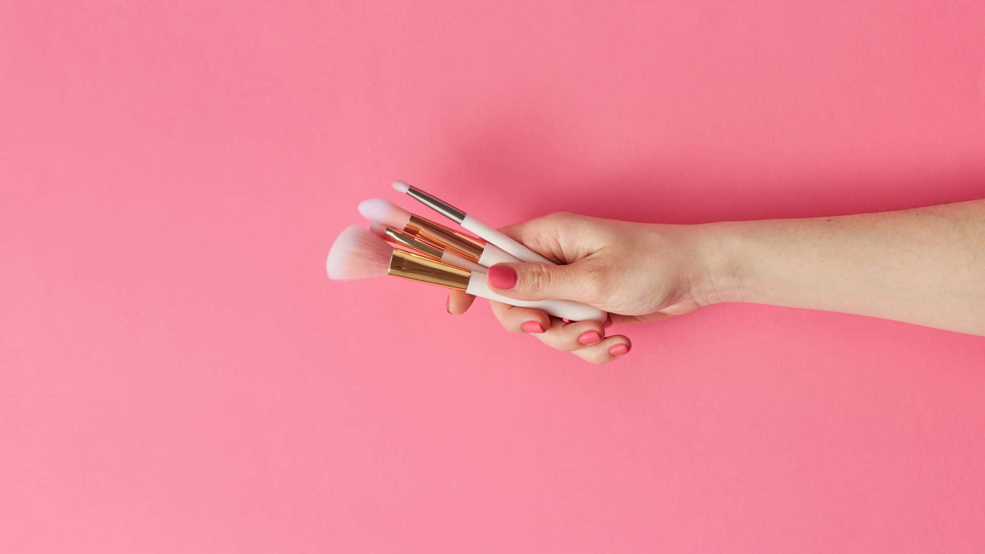 pink nail polish, makeup brushes, solid pink background, Full HD Desktop Wallpaper