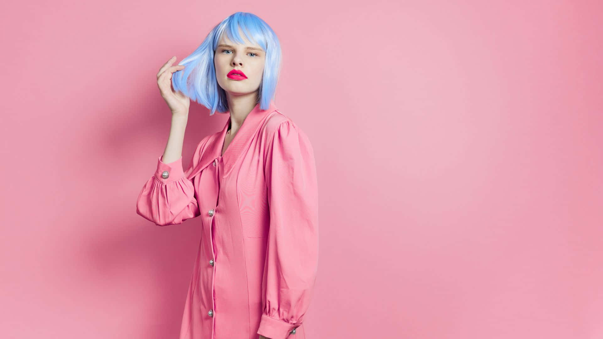 pink blouse, solid pink backdrop, vibrant blue hair, Full HD Desktop Wallpaper