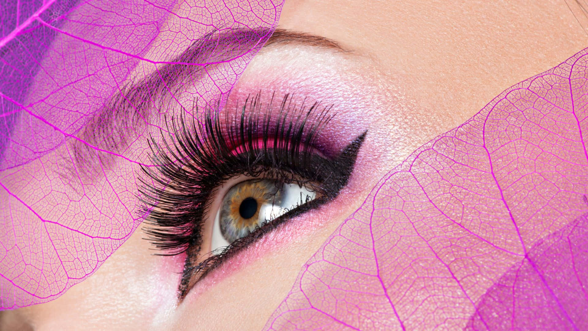 pink eyeshadow, black lashes, translucent purple leaves, Full HD Desktop Wallpaper