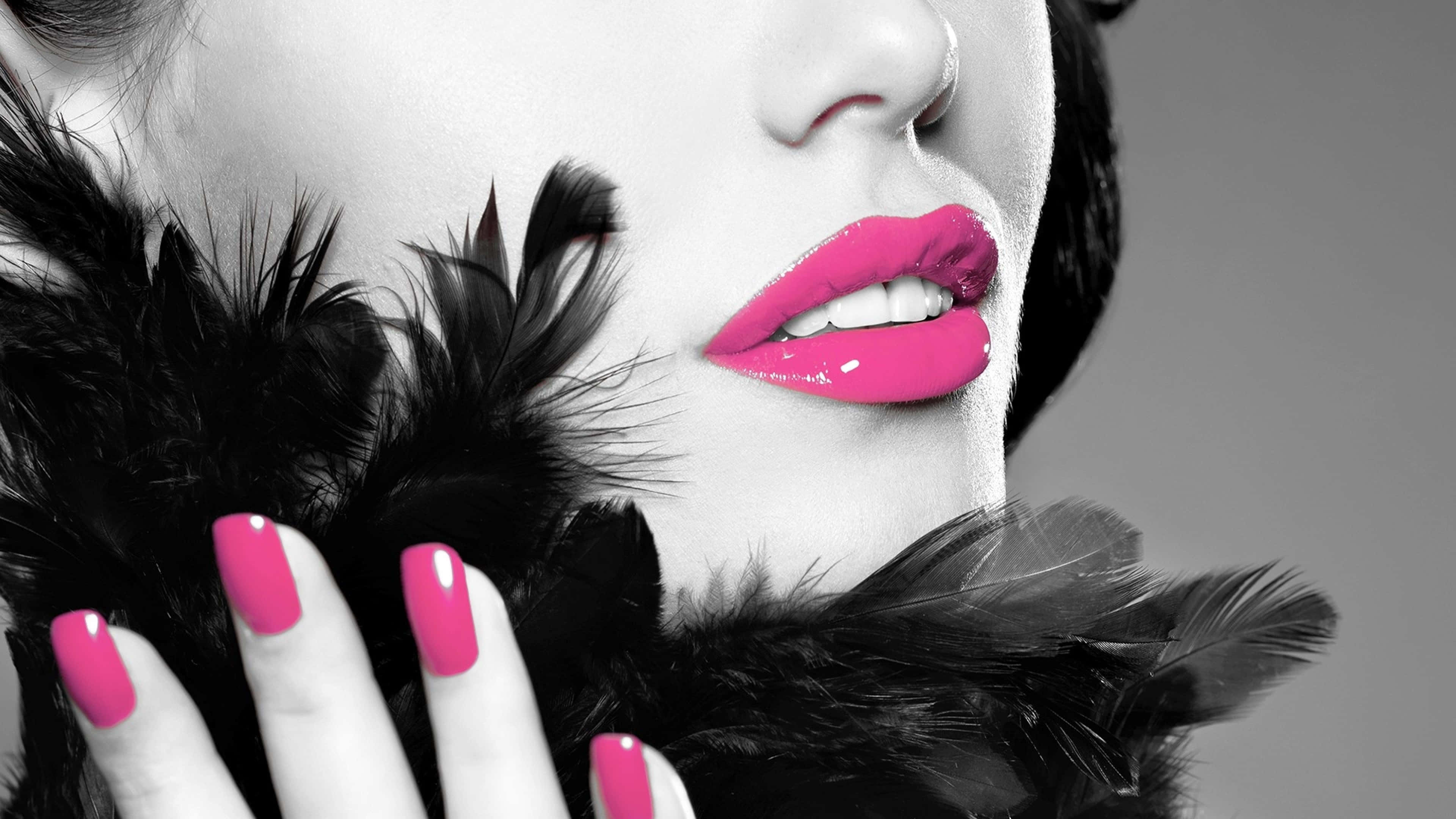 pink lips, matching nails, black feather boa, 4K Desktop Wallpaper