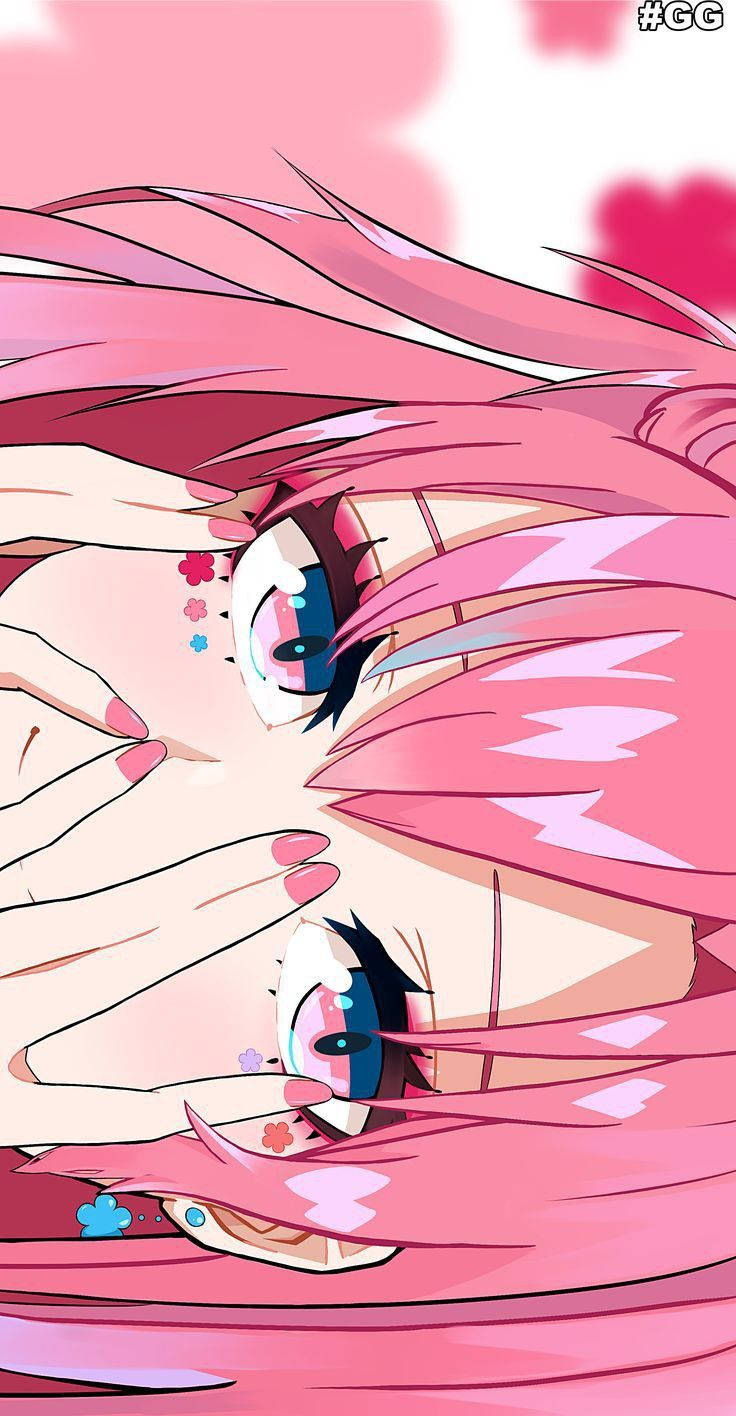 pink hair, expressive eyes, soft pink background, HD Phone Wallpaper