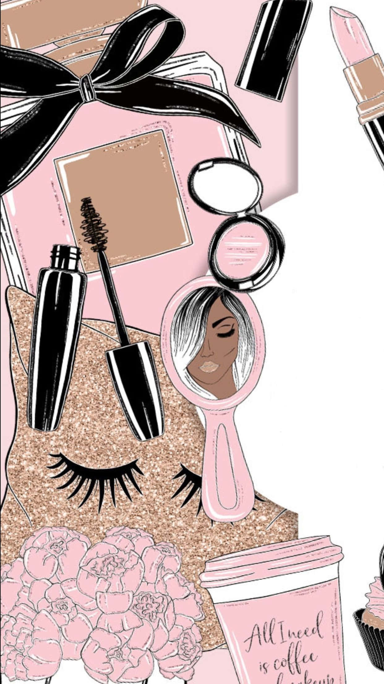 Pink Makeup, glittery face, mirror, Full HD Phone Wallpaper
