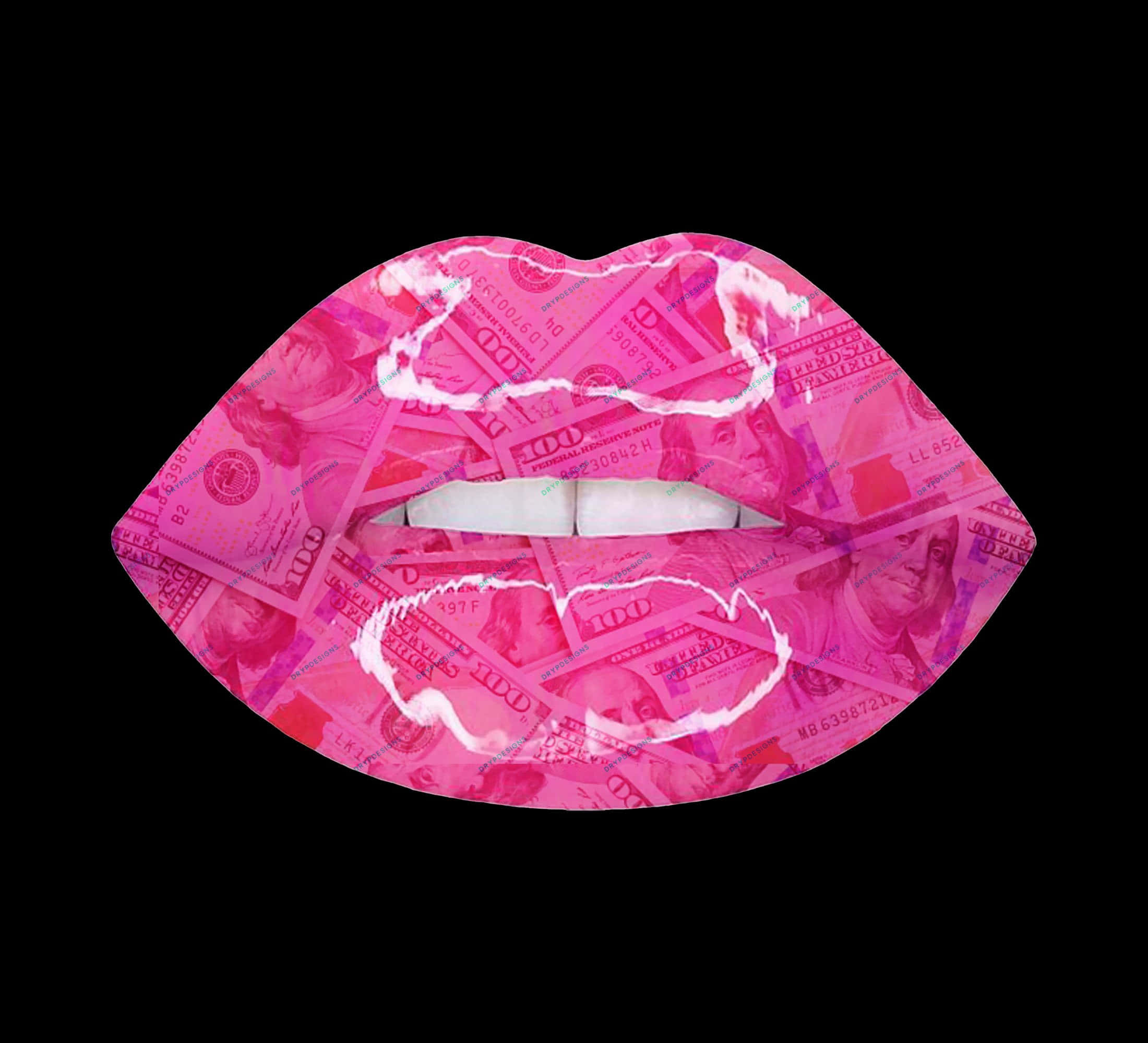pink lipstick, hundred-dollar bills, white outlines, Full HD Desktop Wallpaper