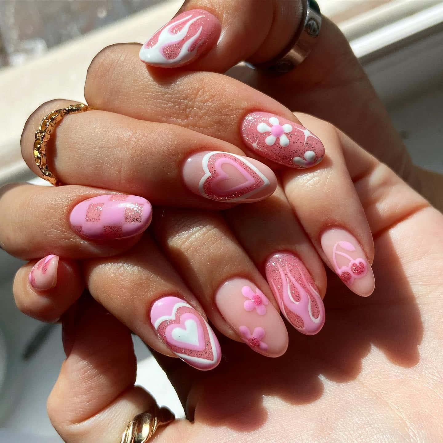 pink glitter nail art, hearts, flowers, HD Desktop Wallpaper
