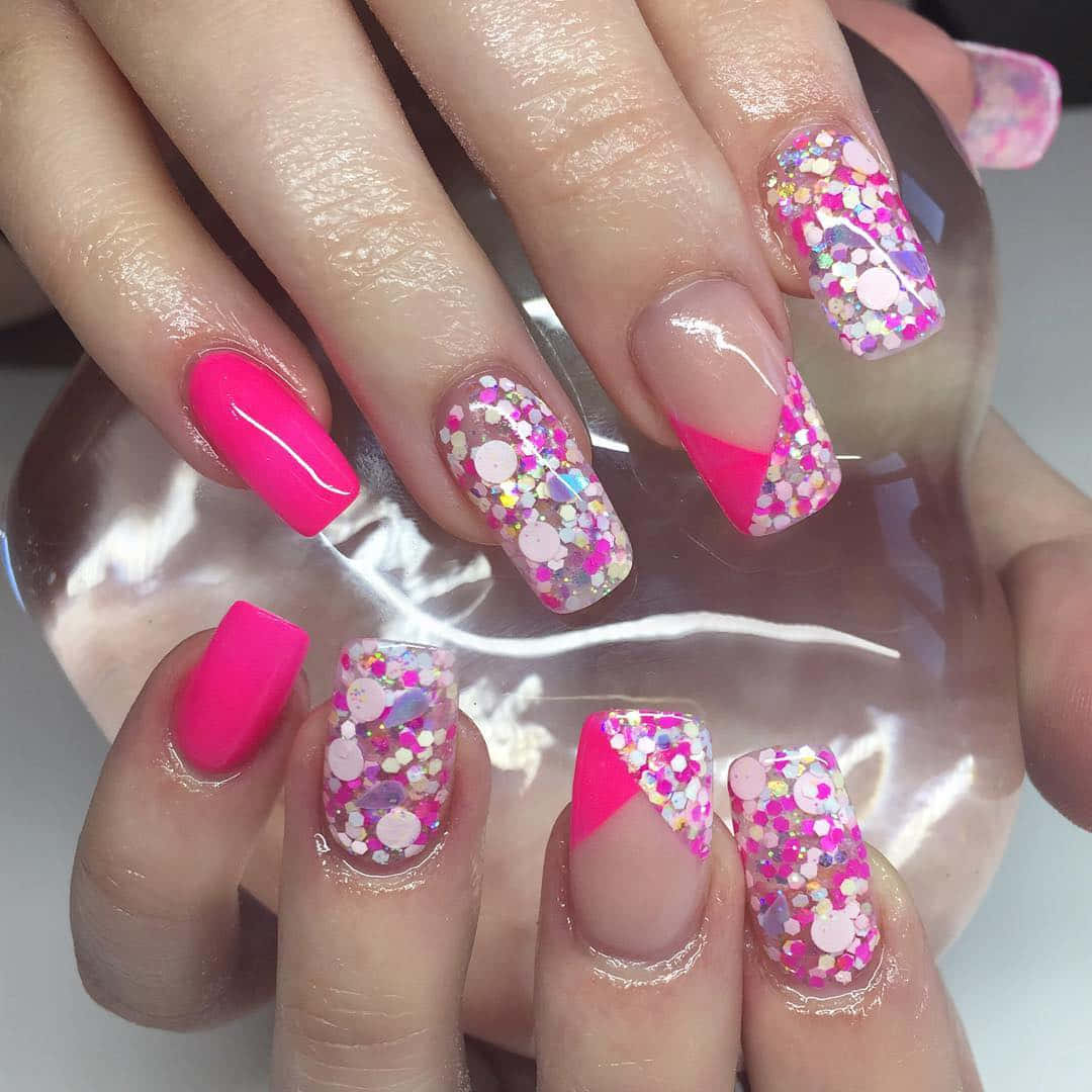pink nail art, vibrant pink nails, colorful glitter, SD Desktop Wallpaper