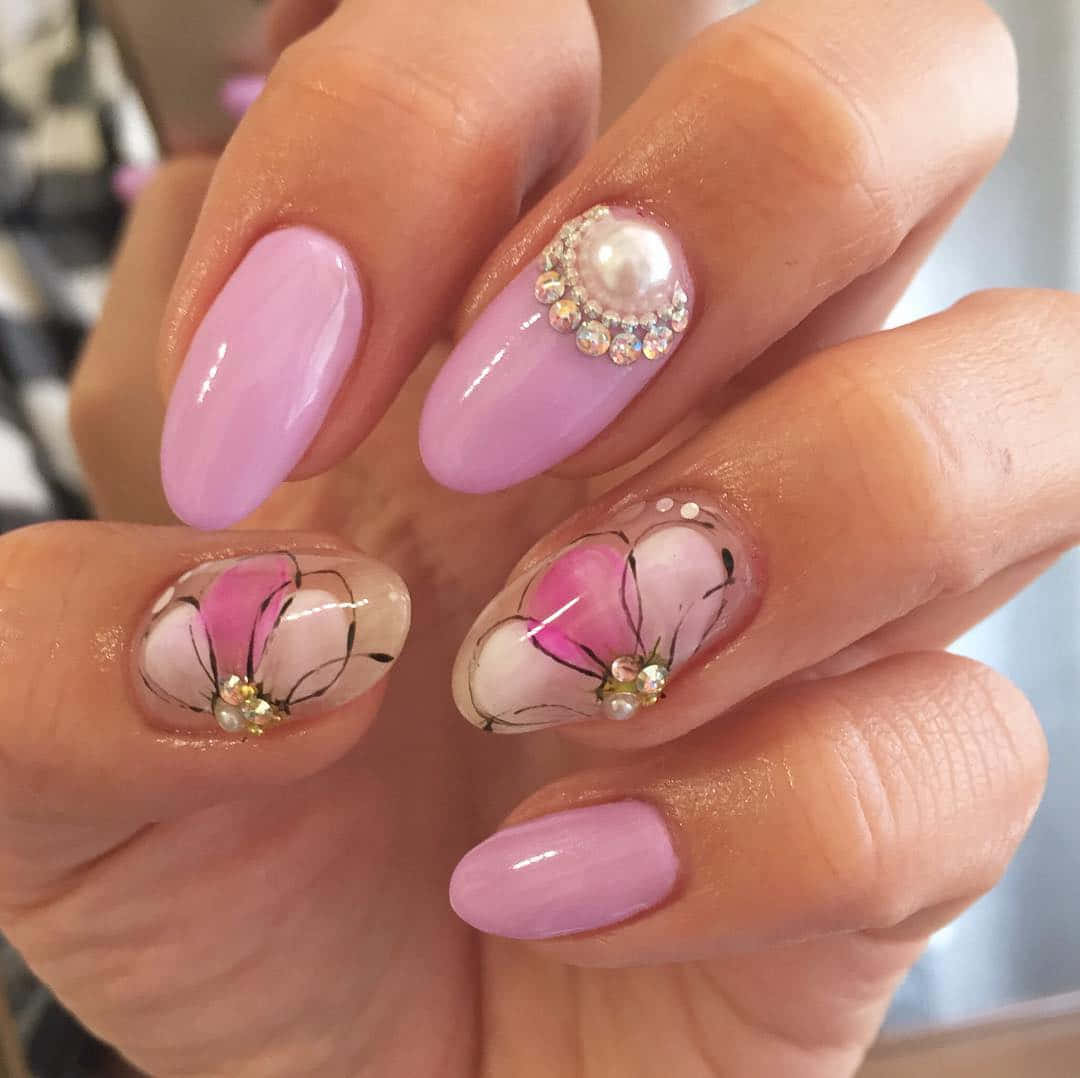 pink nail art, floral art, pearl-studded accent nail, SD Desktop Wallpaper