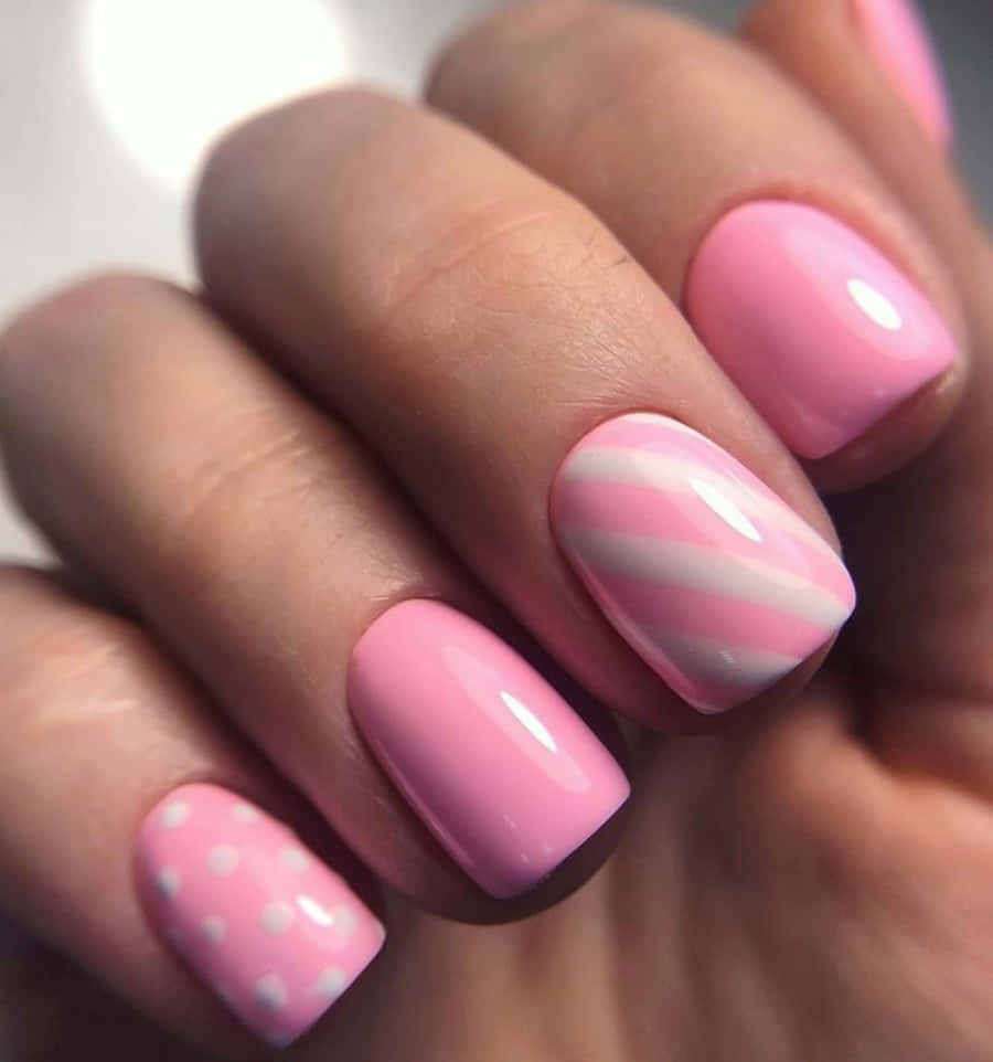 glossy pink nails, white diagonal stripes, white polka dots, SD Phone Wallpaper