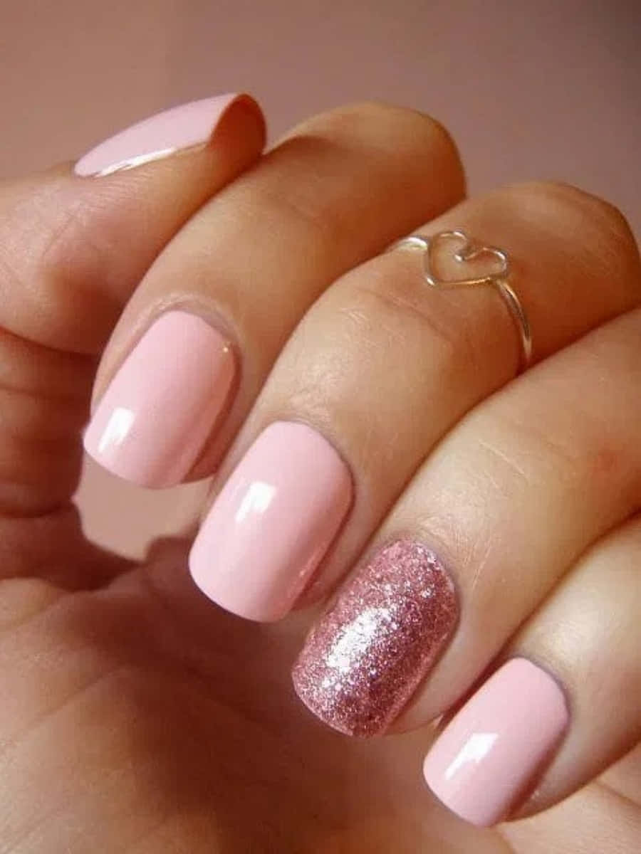 pink nail art, soft pink nails, glittery rose gold accent nail, SD Phone Wallpaper