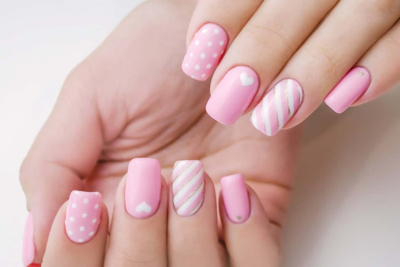 pastel pink, white polka dots, hearts, HD Desktop Wallpaper