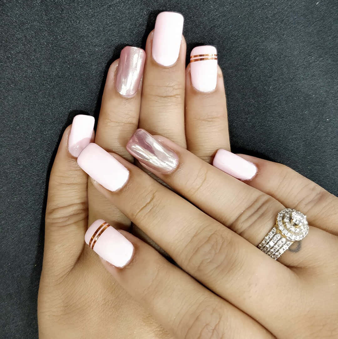soft pink nails, rose gold stripes, sparkling diamond ring, SD Phone Wallpaper