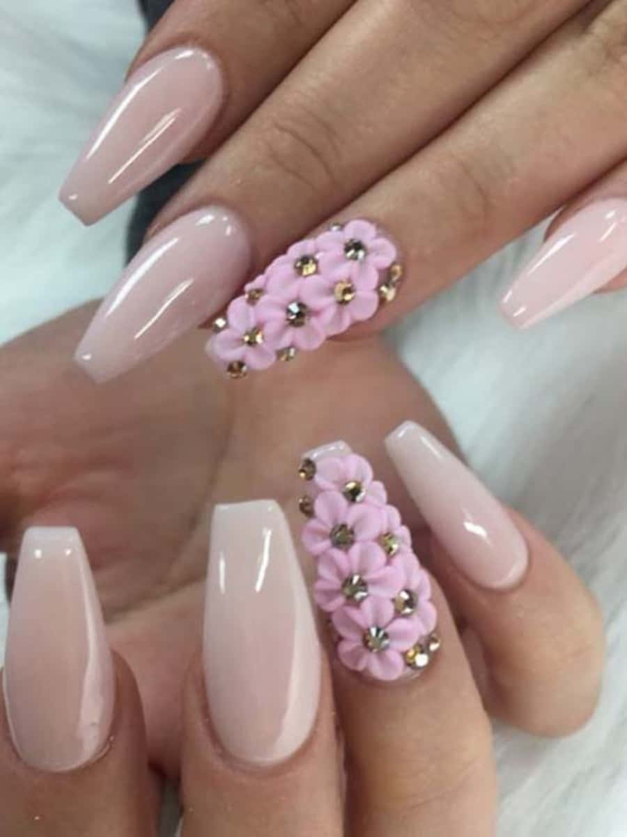nude coffin nails, delicate pink floral embellishments, sparkling rhinestones, SD Phone Wallpaper