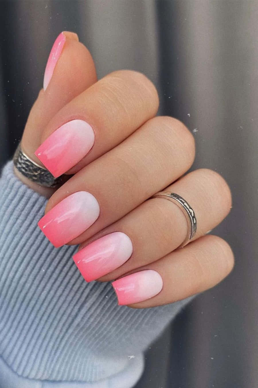 soft pink ombre nails, silver rings, muted gray background, HD Phone Wallpaper