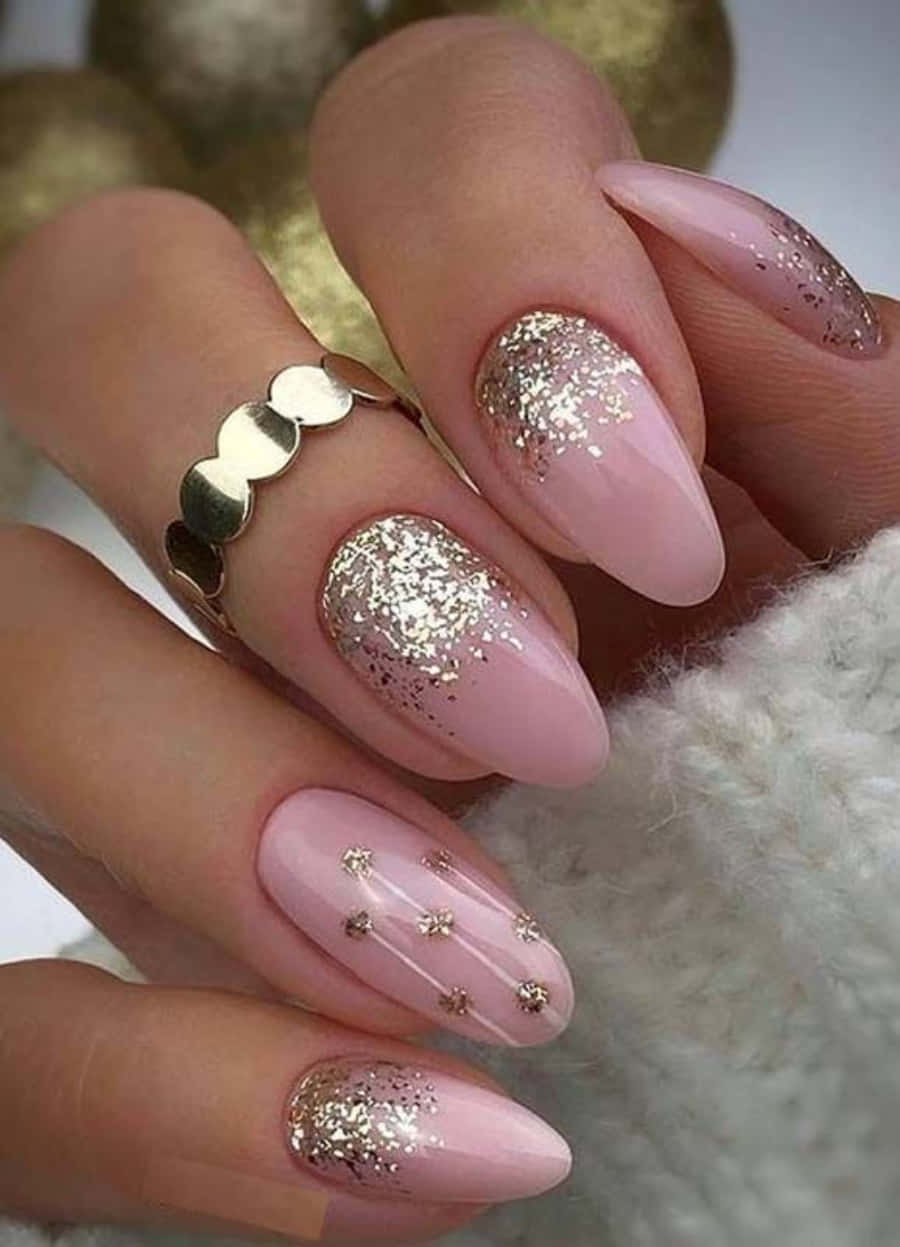 pink nail art, almond-shaped nails, gold glitter, SD Phone Wallpaper