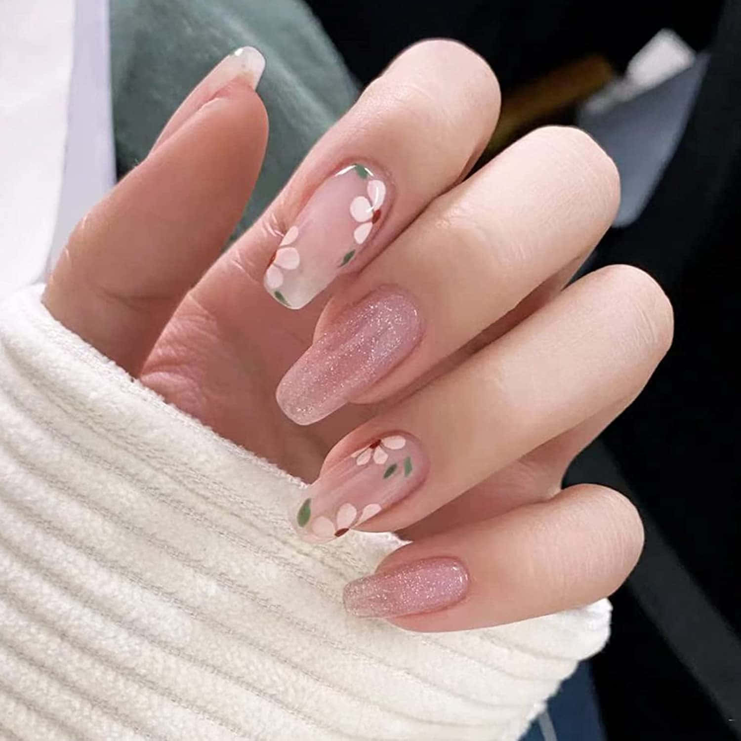 pink glitter nails, white cherry blossom decals, ribbed white sweater sleeve, HD Desktop Wallpaper