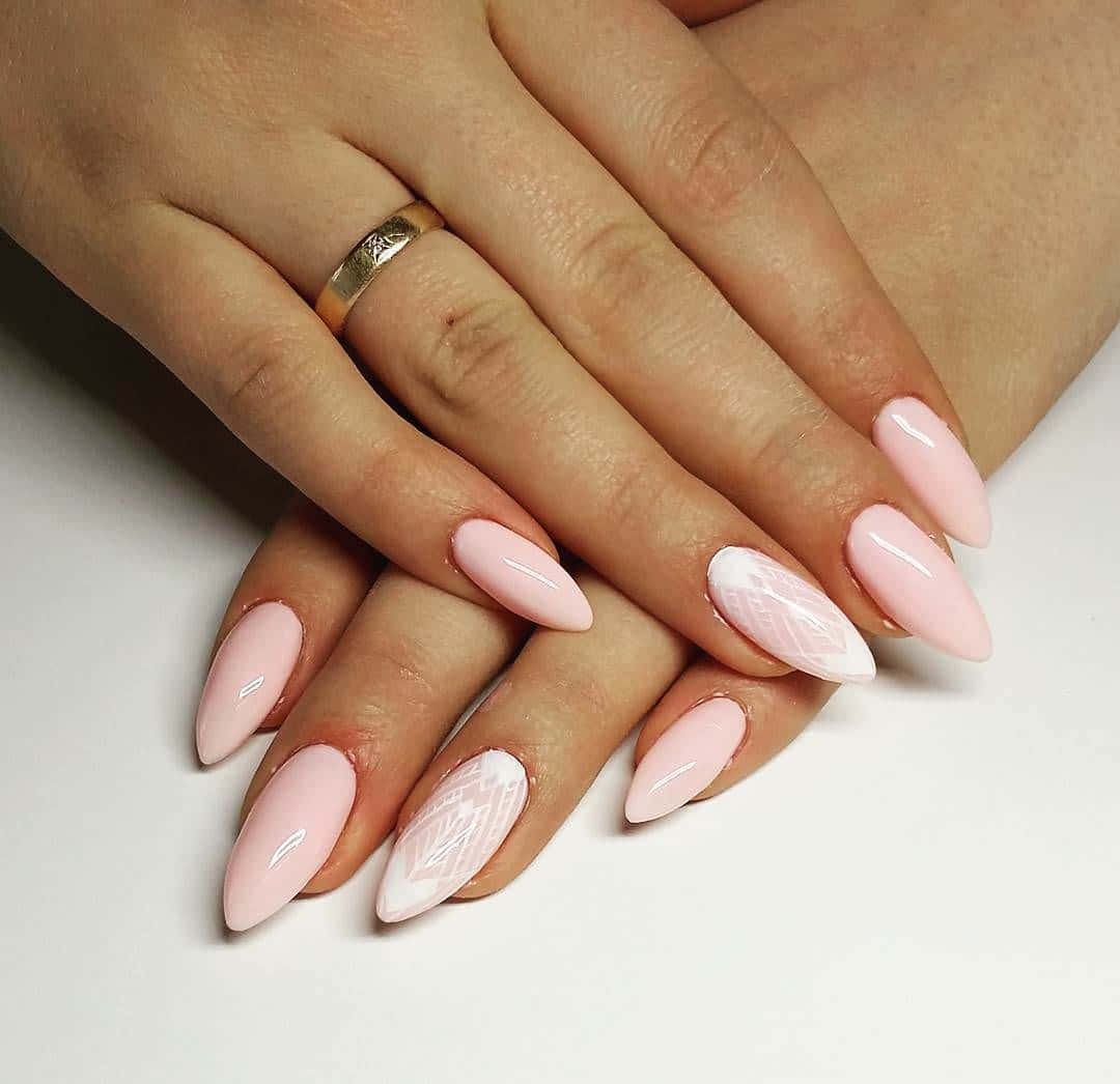 soft pink, almond-shaped nails, delicate white geometric patterns, SD Desktop Wallpaper