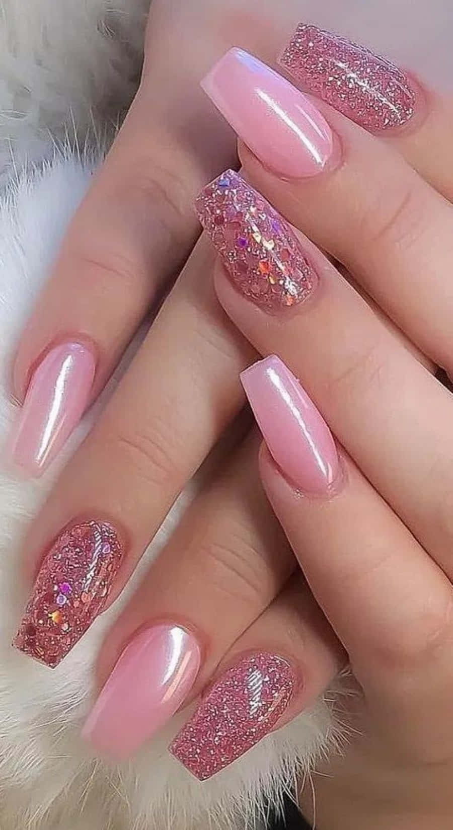 glossy pink nails, glittering holographic accents, soft white furry surface, HD Phone Wallpaper