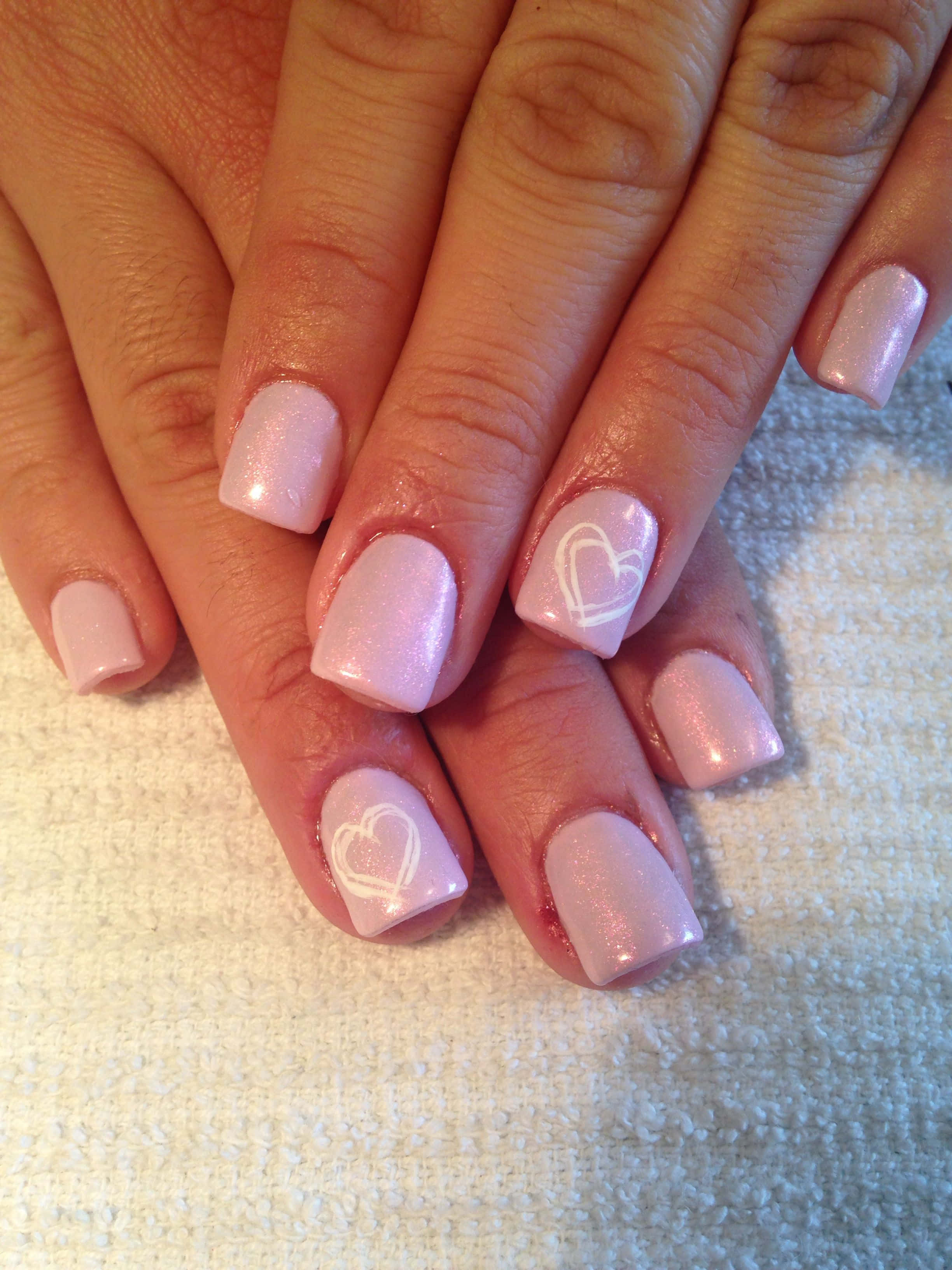 pink sparkling nail art design, light pink glitter nails, white heart decals, 2K Phone Wallpaper