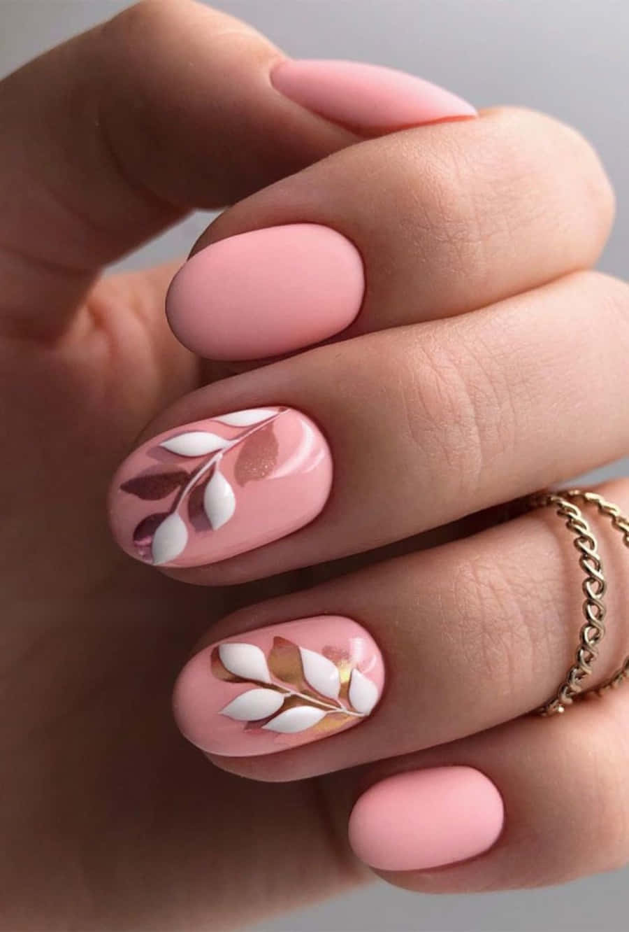 pink nail art, soft pink nails, delicate white and gold leaf designs, HD Phone Wallpaper