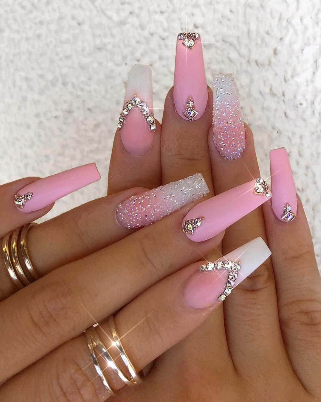 pink stiletto nails, glitter, rhinestones, HD Phone Wallpaper
