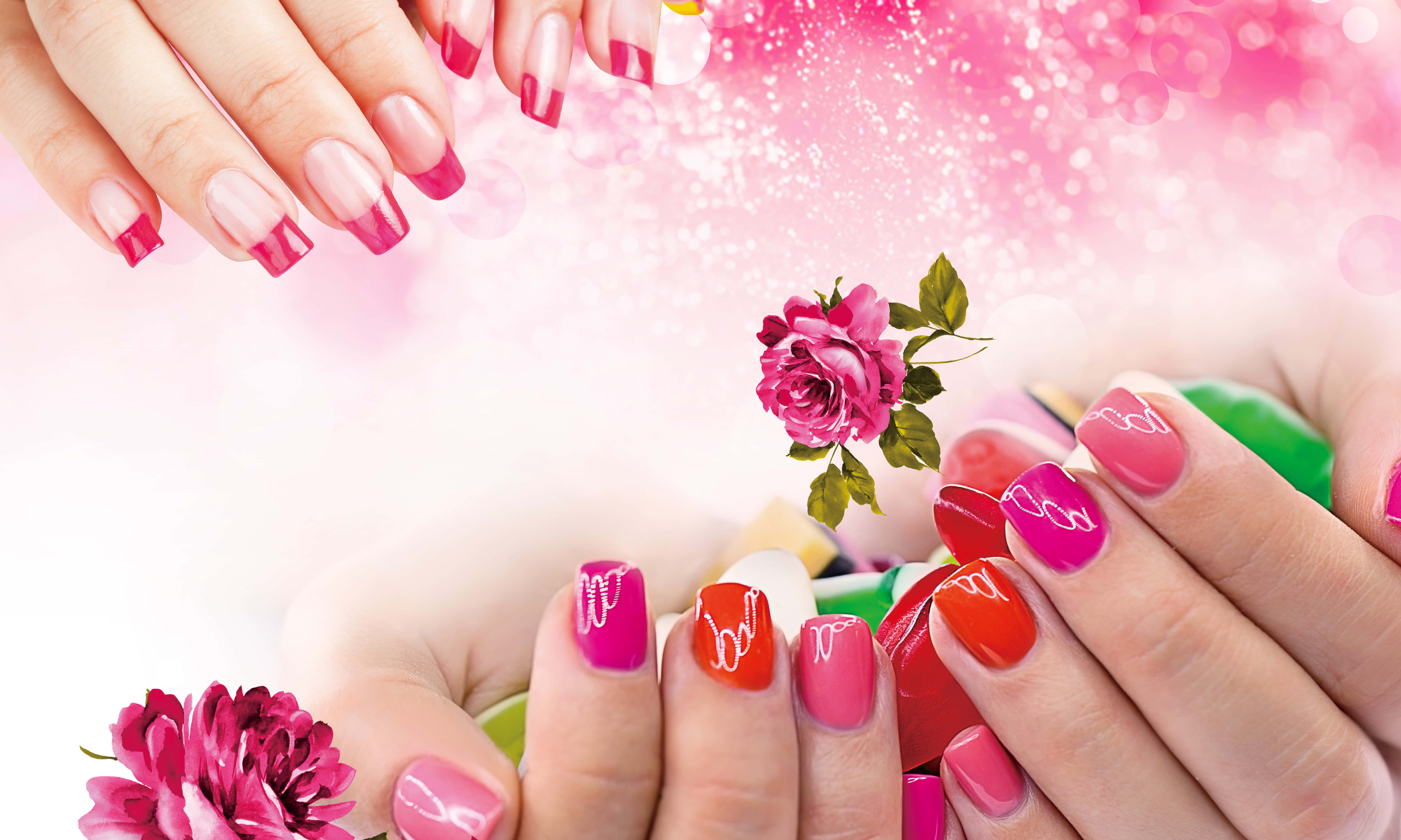 vibrant pink, red manicured nails, glitter, 5K Desktop Wallpaper