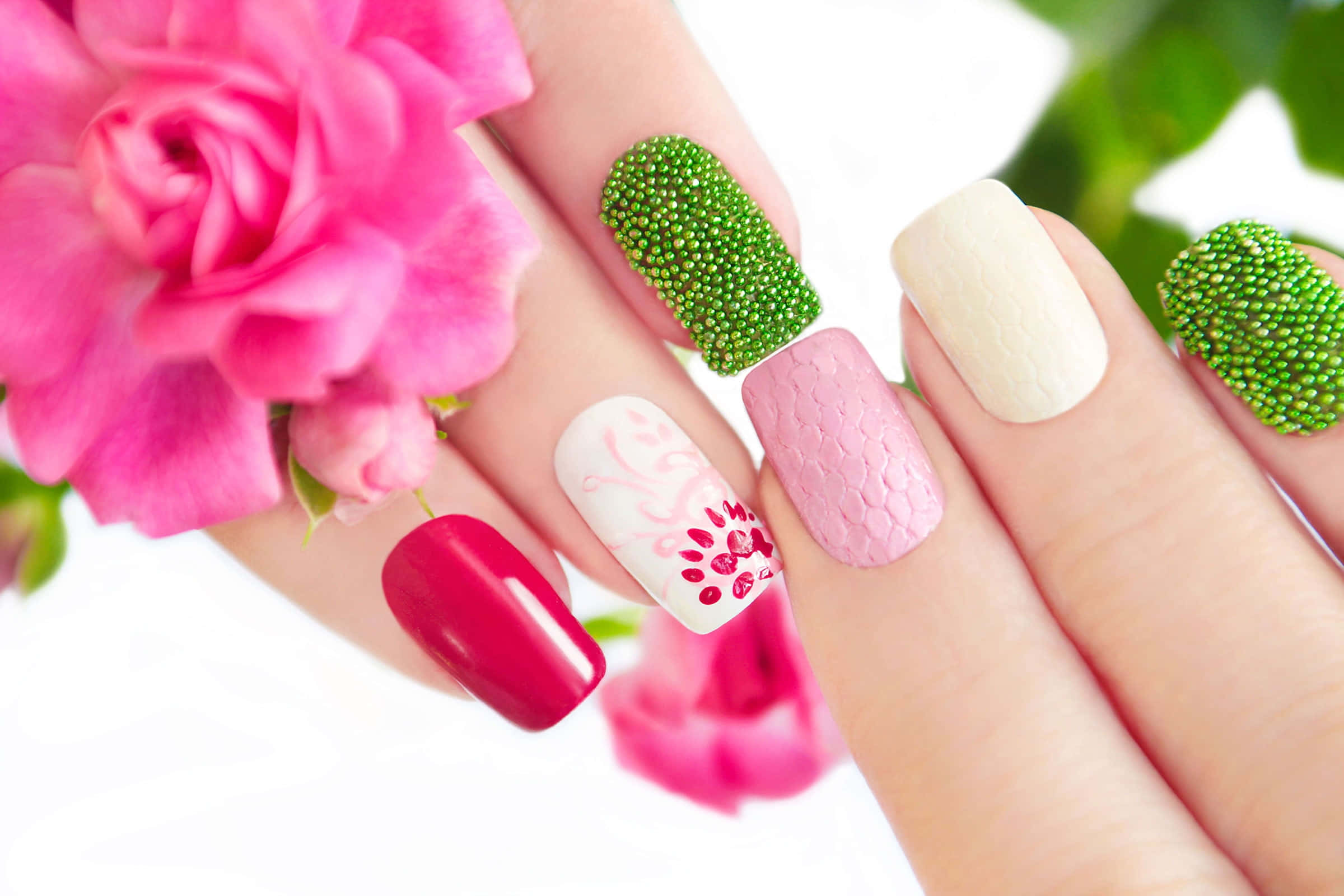 Glamorous Pink Nail Art Design Wallpaper, pink scales, floral designs, Full HD Desktop Wallpaper