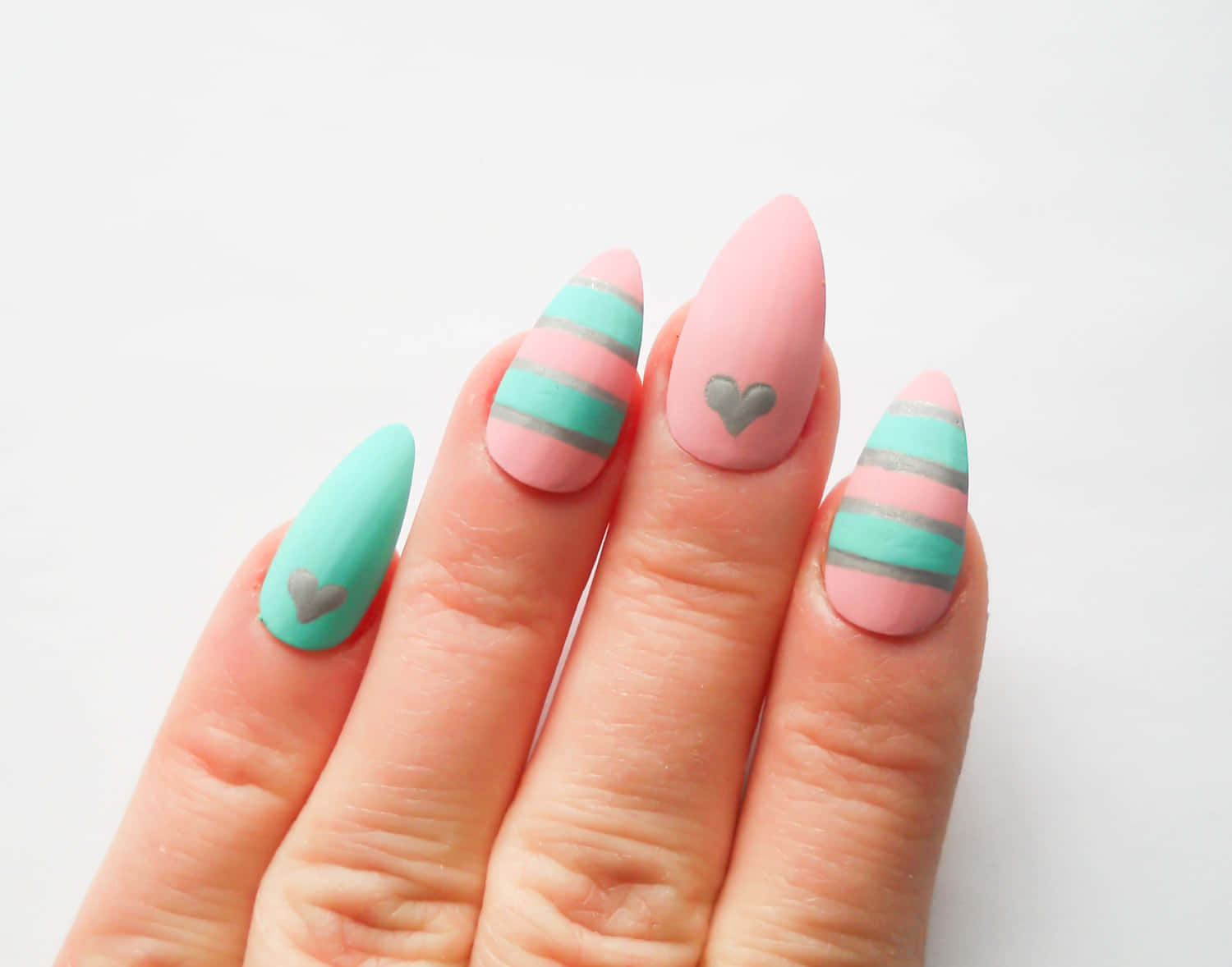 pastel pink, mint green, silver hearts, HD Desktop Wallpaper