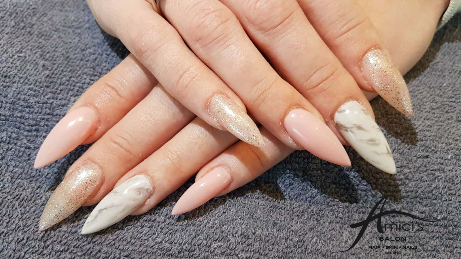 nude glitter, white marble designs, long stiletto nails, HD Desktop Wallpaper