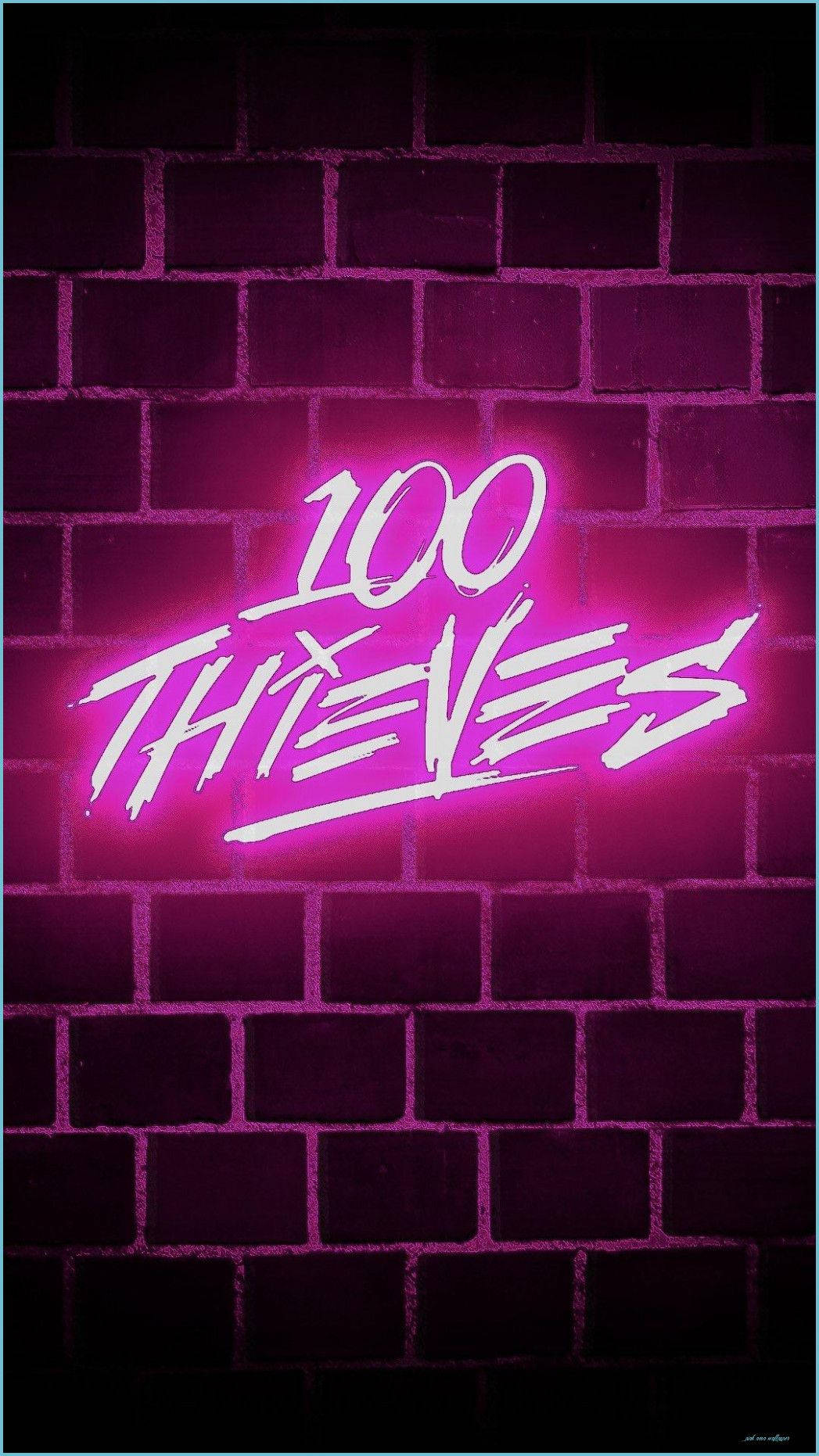 100 THIEVES, pink neon sign, dark brick wall, HD Phone Wallpaper