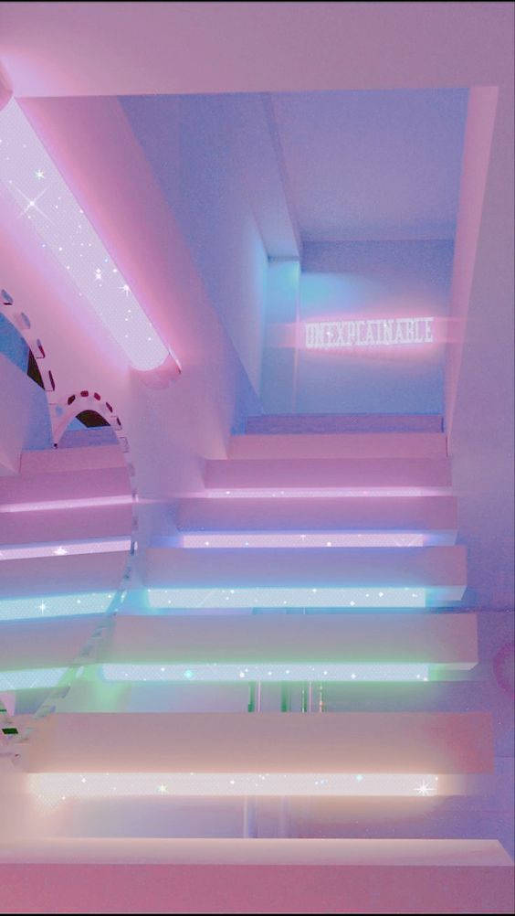 Neon Pink, pastel pink and blue neon-lit hallway, glowing staircase, SD Phone Wallpaper