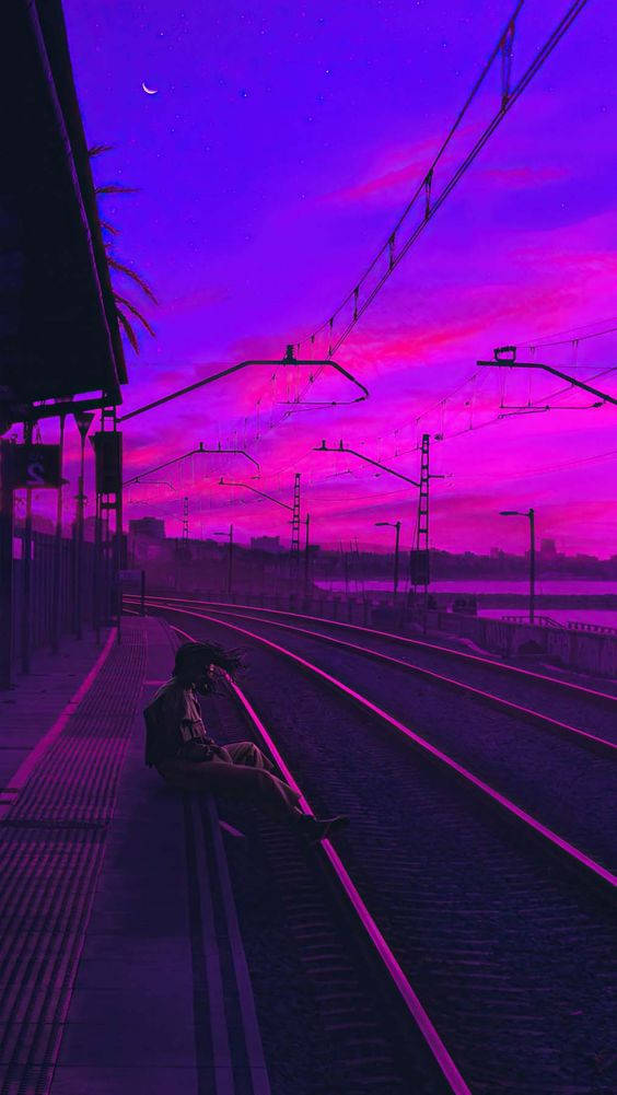 Pink Neon Aesthetic, Railroad Pink Neon Aesthetic, surreal purple and pink twilight sky, SD Phone Wallpaper