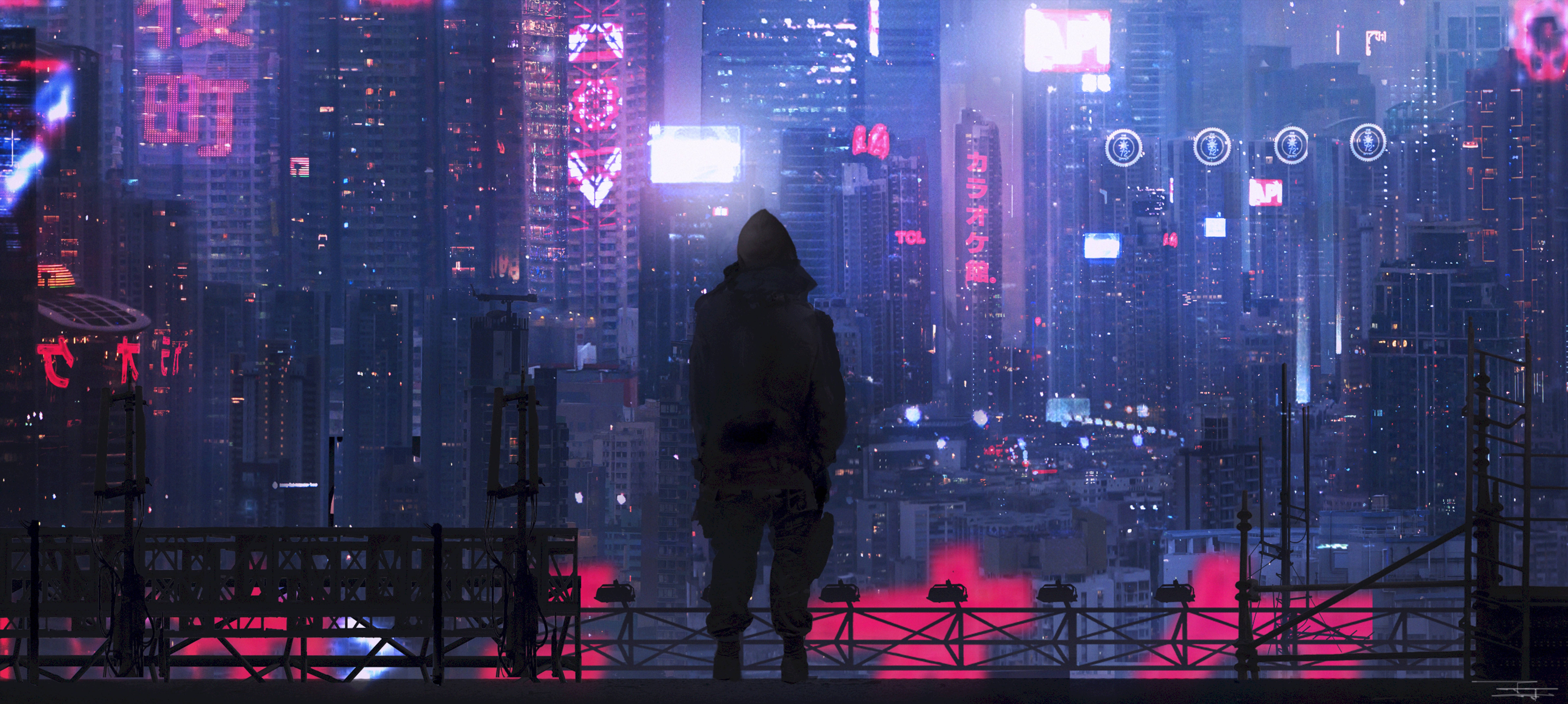 Cyberpunk City, Pink Neon, Rooftop, 8K Desktop Wallpaper