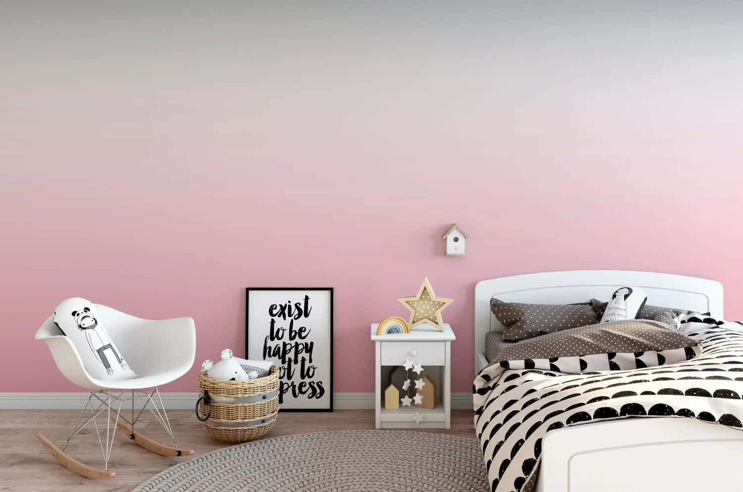pink ombre wall, white furniture, black and white patterned bedding, HD Desktop Wallpaper