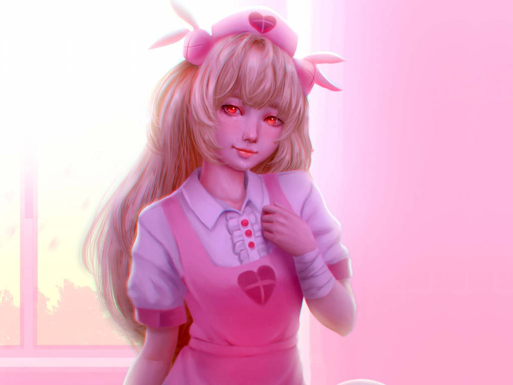 pink-haired anime girl, red eyes, heart-themed apron, SD Desktop Wallpaper