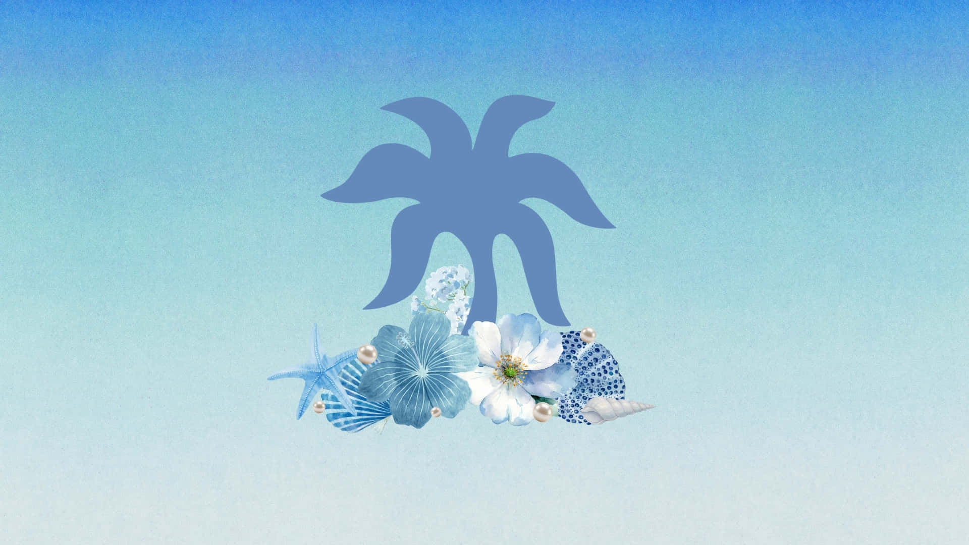 Pink Palm Puff, palm tree silhouette, blue and white seashells, Full HD Desktop Wallpaper