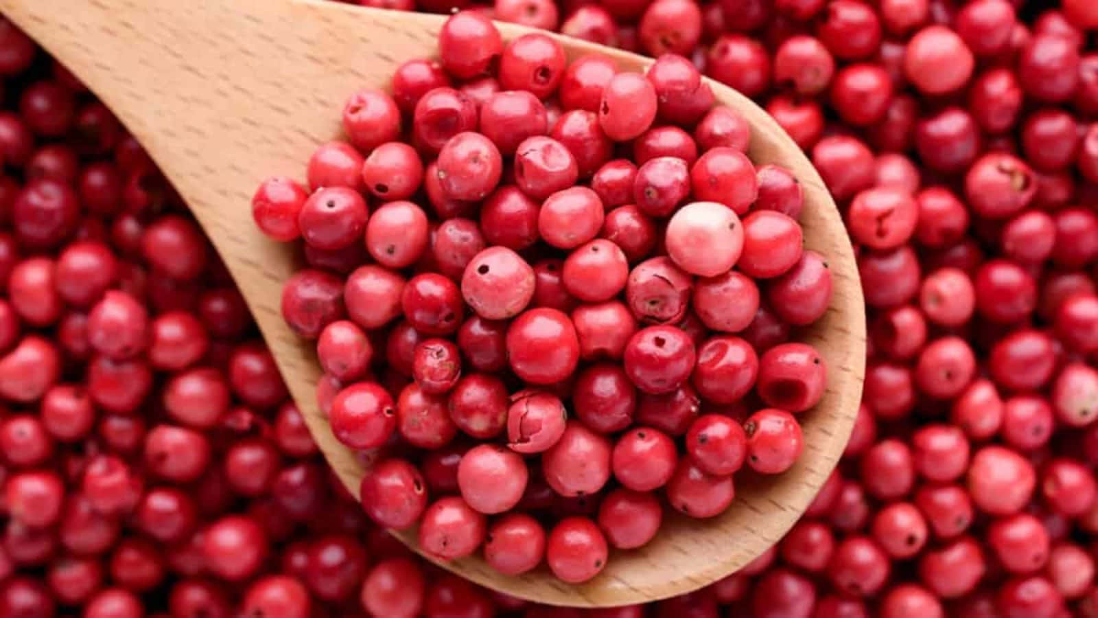 Pink Peppercorn, wooden spoon, vibrant red peppercorns, HD Desktop Wallpaper