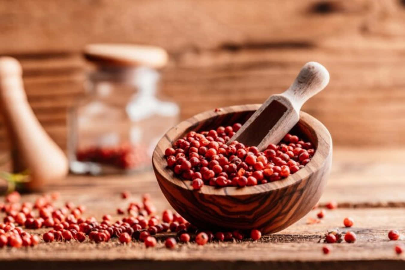 Pink Peppercorn, wooden bowl, vibrant red peppercorns, HD Desktop Wallpaper