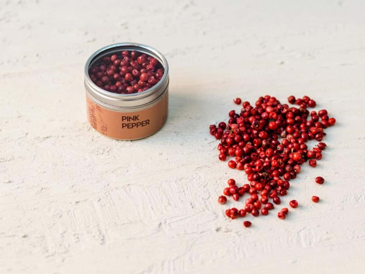 pink peppercorn, wooden spoon, textured white surface, SD Desktop Wallpaper