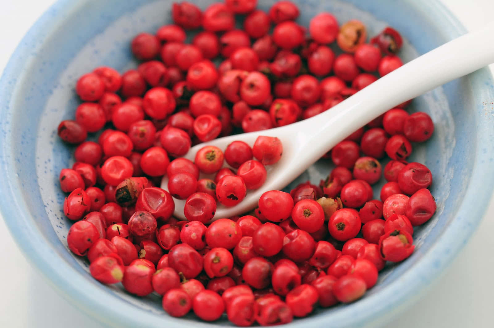 Pink Peppercorn, speckled blue bowl, white spoon, HD Desktop Wallpaper
