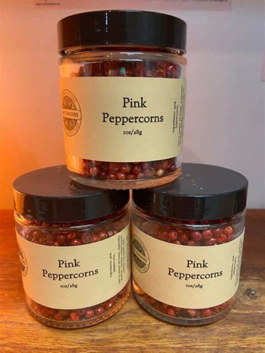 pink peppercorn, three jars, wooden surface, SD Phone Wallpaper