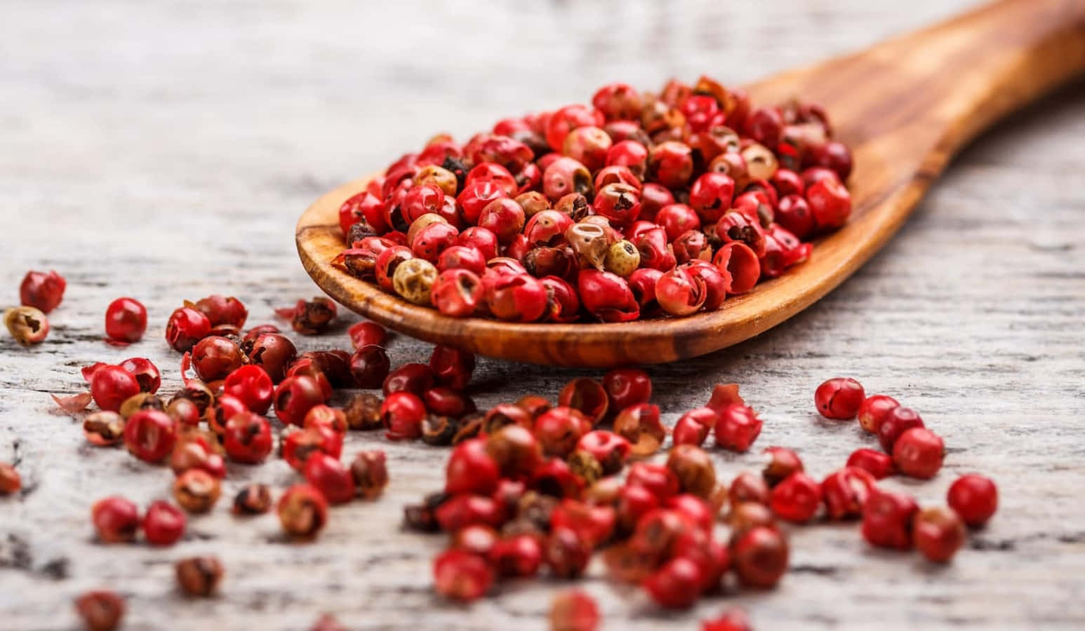 pink peppercorns, wooden spoon, weathered gray wooden surface, HD Desktop Wallpaper