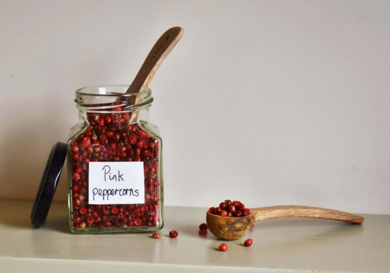 Pink Peppercorn, glass jar, wooden spoon, HD Desktop Wallpaper