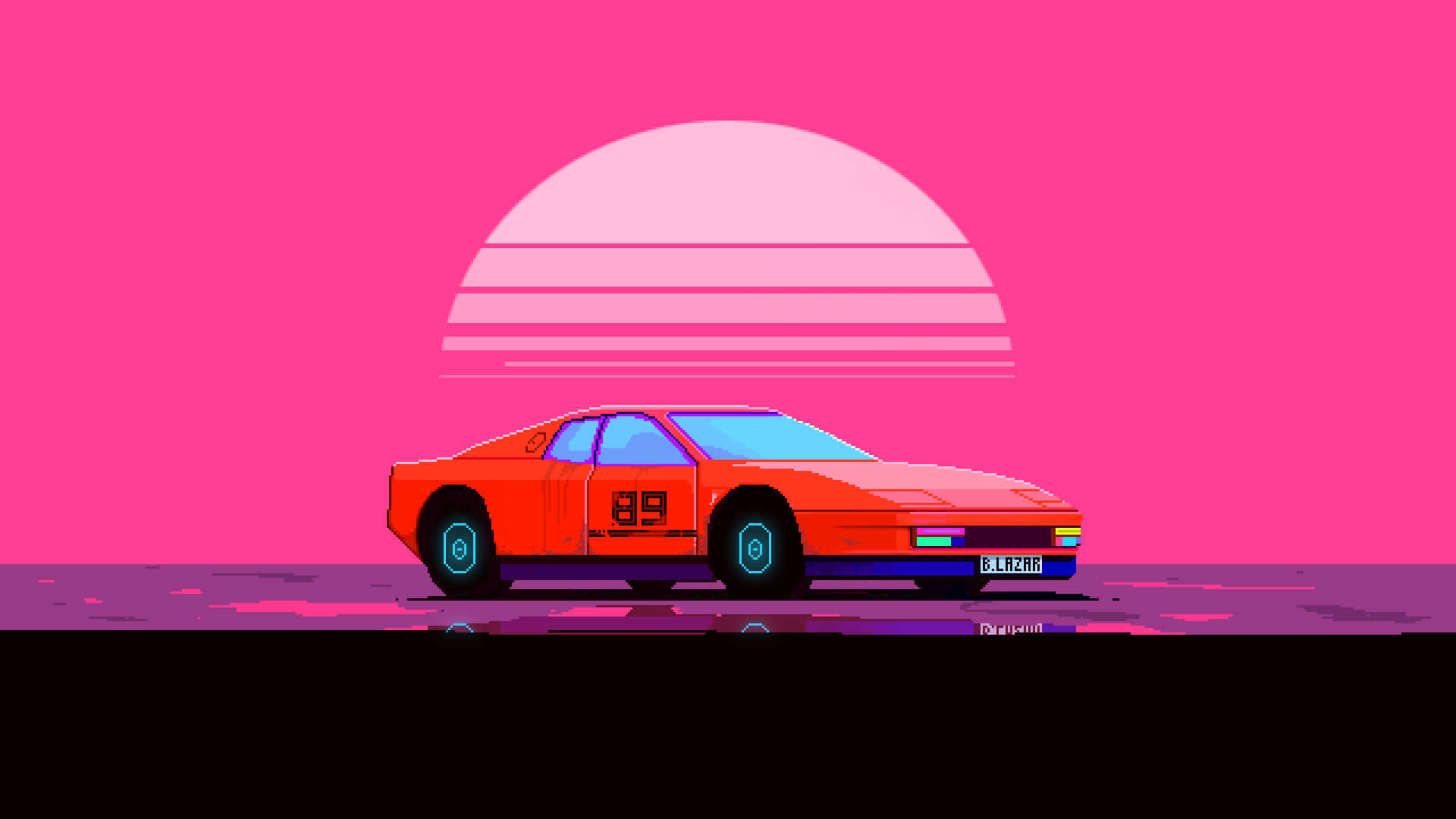 Pink Pixel Art, vibrant orange retro sports car, 89 on its side, Full HD Desktop Wallpaper