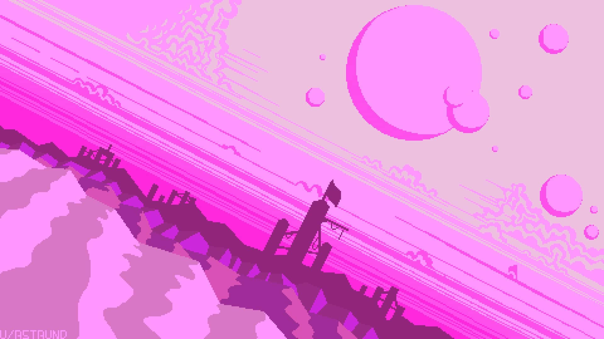 pink sky, jagged purple mountains, floating orbs, Full HD Desktop Wallpaper