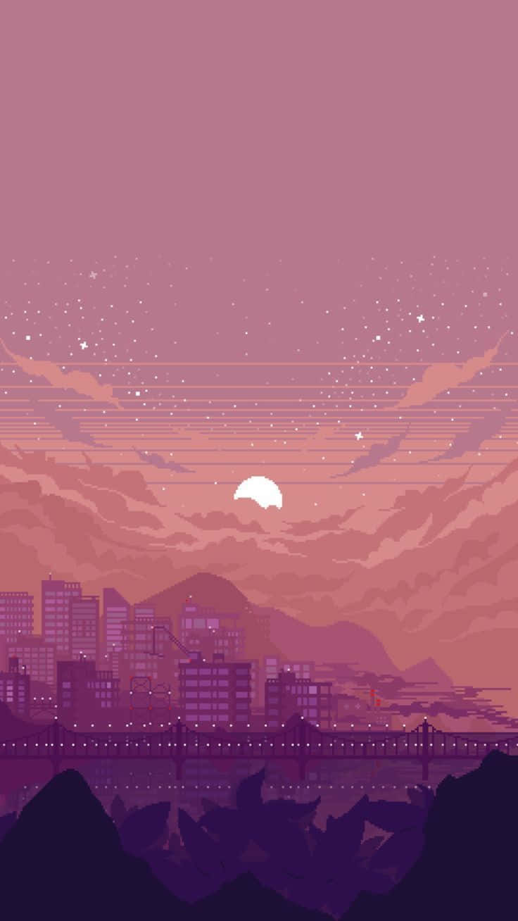 Pink Pixel Art, twilight, purple mountains, HD Phone Wallpaper
