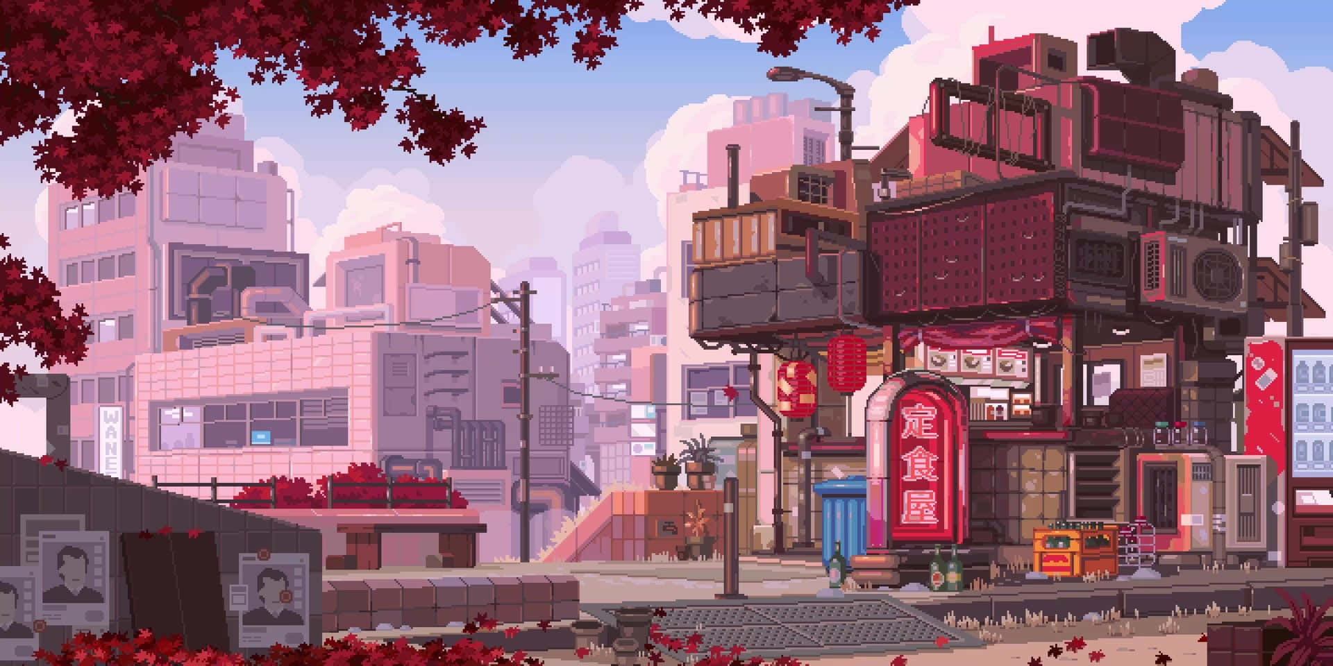 Pink Pixel Art, anime-style cityscape, red maple leaves, Full HD Desktop Wallpaper