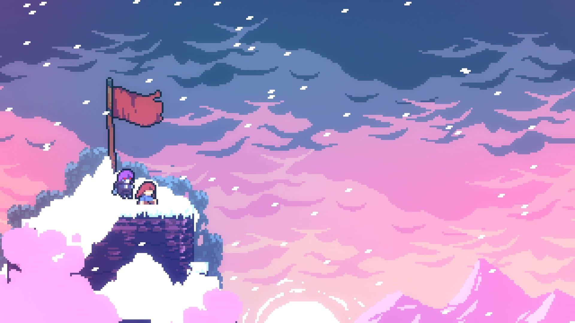 pink pixel art, pixel-art adventurers, snowy peak, Full HD Desktop Wallpaper