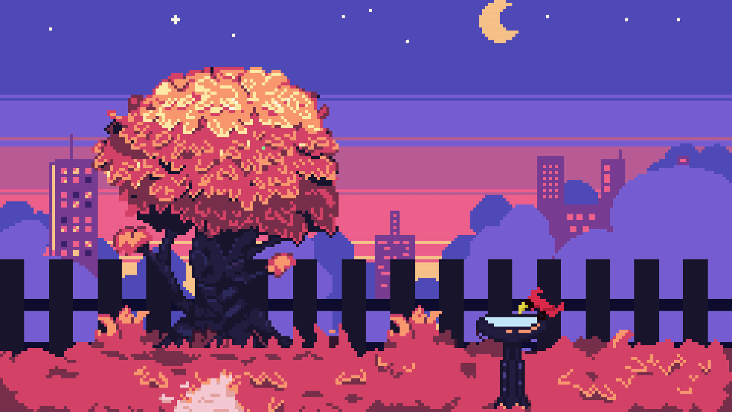 pink pixel art, vibrant autumn tree, fiery leaves, Full HD Desktop Wallpaper