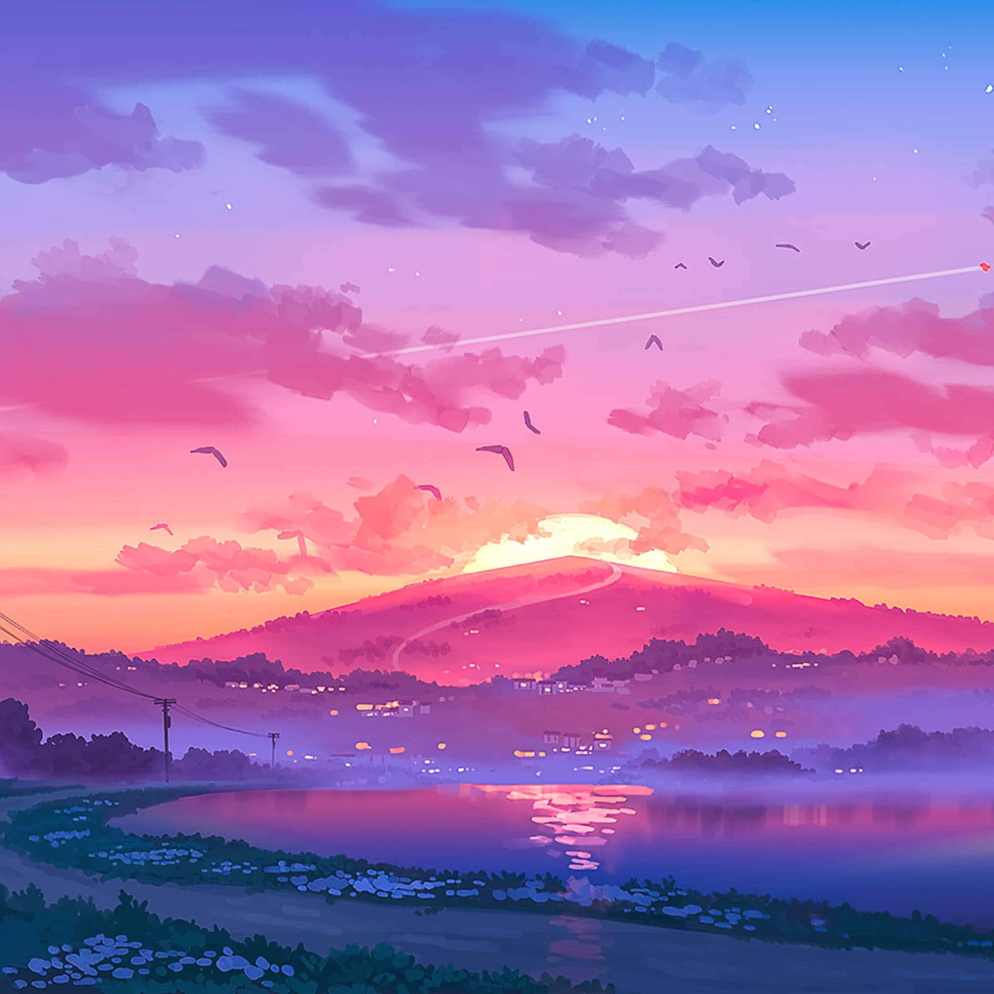 Pink Pixel Art, anime-style sunset, misty lake, Full HD Desktop Wallpaper